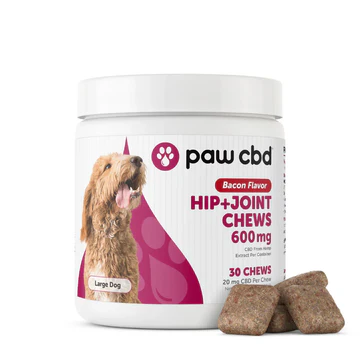 Paw cbd Hip+Joint Chews 600mg for large dogs, bacon flavor, with dog treats in front
