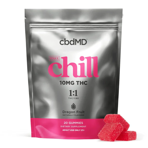 Bag of dragon fruit THC gummies with pink sugar-coated gummies in front