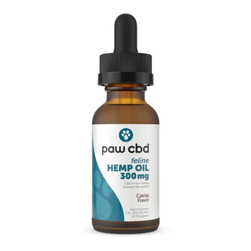 Amber dropper bottle labeled paw cbd feline hemp oil 300mg catnip flavor for cats on white background.