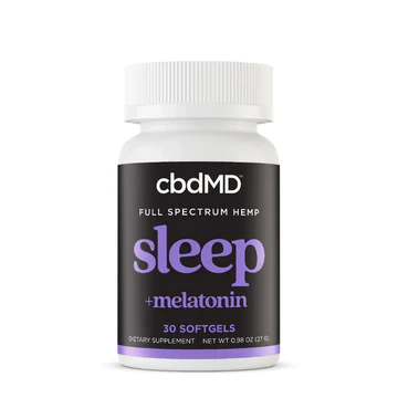 Full spectrum hemp sleep softgels with melatonin, 30 count bottle on white background