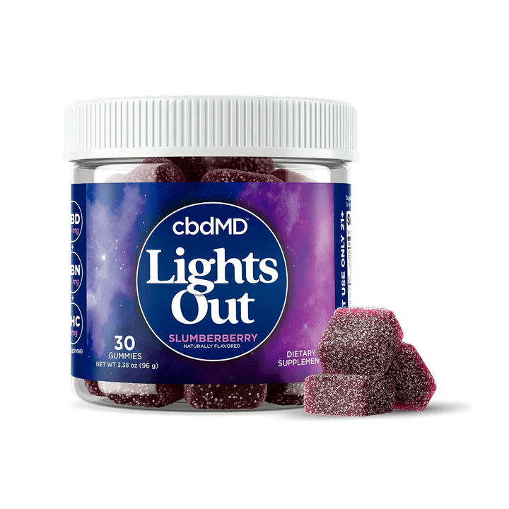 Jar of Lights Out Slumberberry gummies with purple, sugar-coated supplements in front