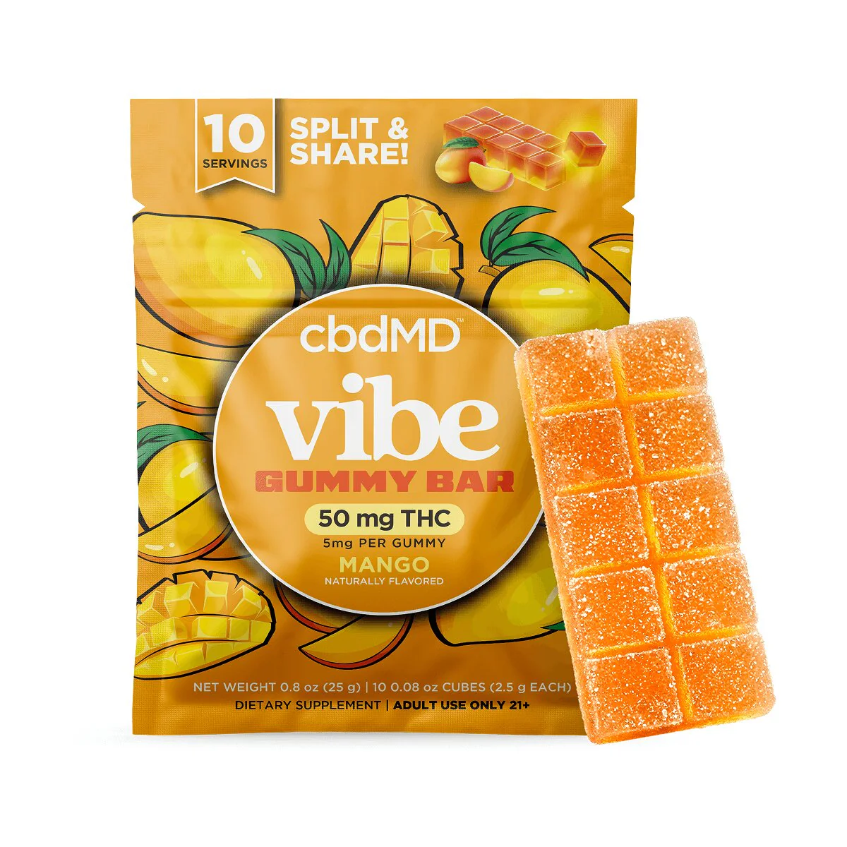 Mango flavored gummy bar with bright orange cubes and packaging showing sliced mangoes.