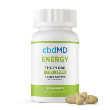 Energy supplement bottle labeled THCV + CBG with 30 softgels and green accents