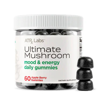 Ultimate Mushroom mood and energy apple berry gummies bottle with three gummies stacked