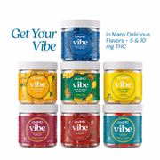 High potency gummies in cherry, mango, blue razz,and pineapple flavors in clear jars, front view.